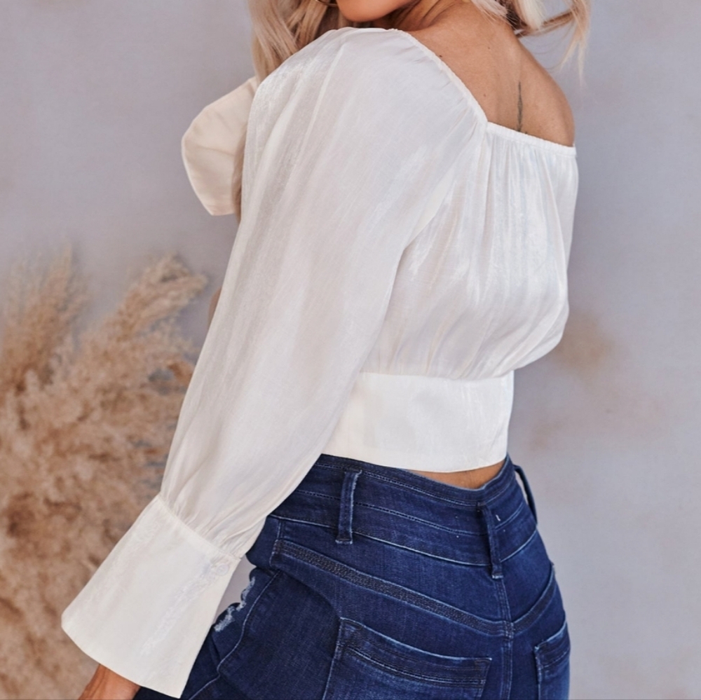 NanaMacs Cream Crop Blouse with Bell Sleeves and Tie Front - Picture 3 of 5